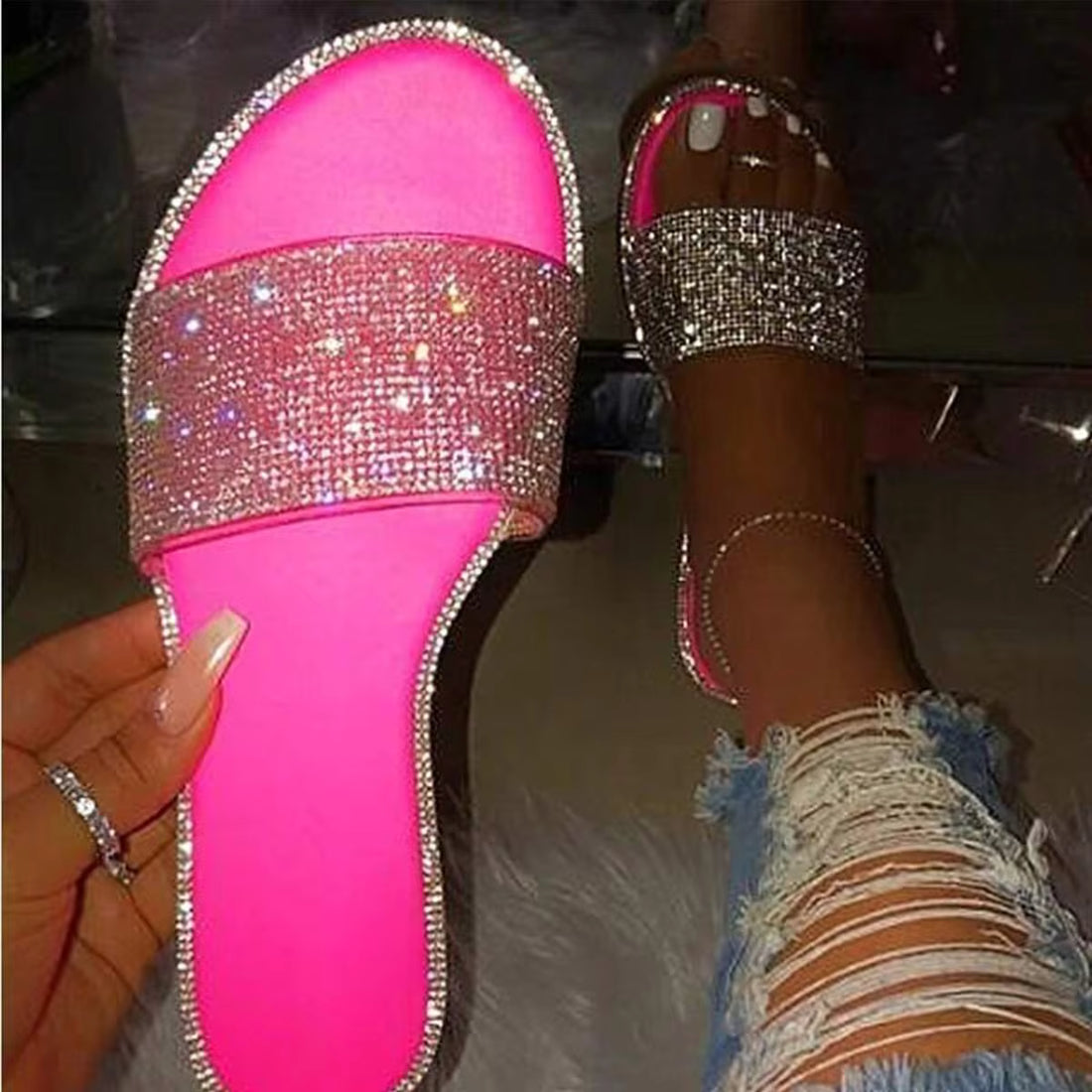 Women's Flats Slip On Jeweled Shoes Sequins Sparkling Sandals Sparkling Fancy