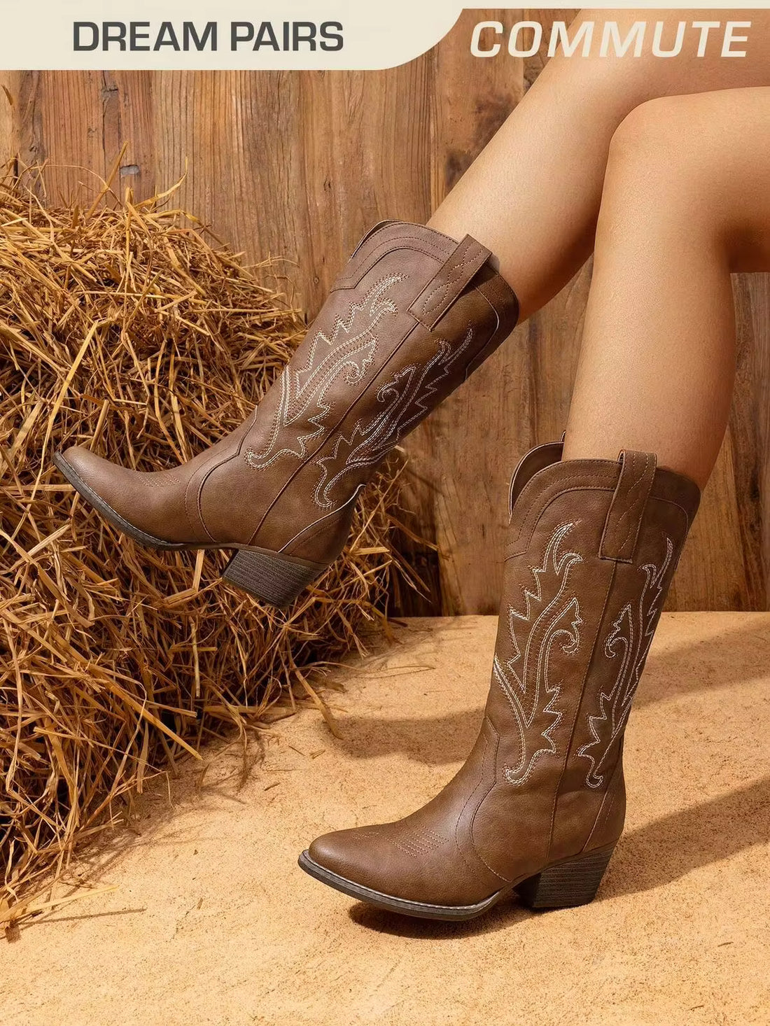 Women's Western Cowboy Boots Slip On Fashion Embroidery Pointed Toe Low Heel Chunky Outdoor Commuter Mid-Calf Black Boots